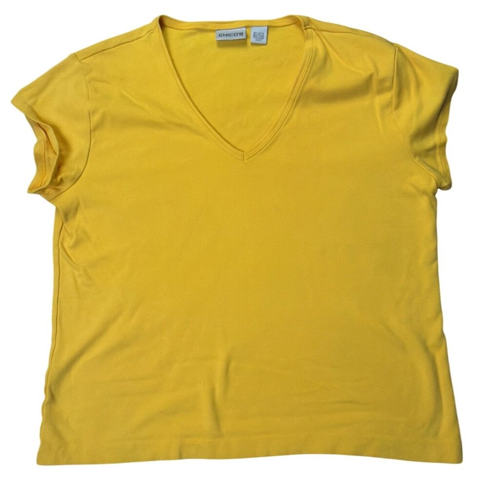 Chicos Yellow V-Neck Short Sleeve Cotton Blend Women's T-Shirt Size XL